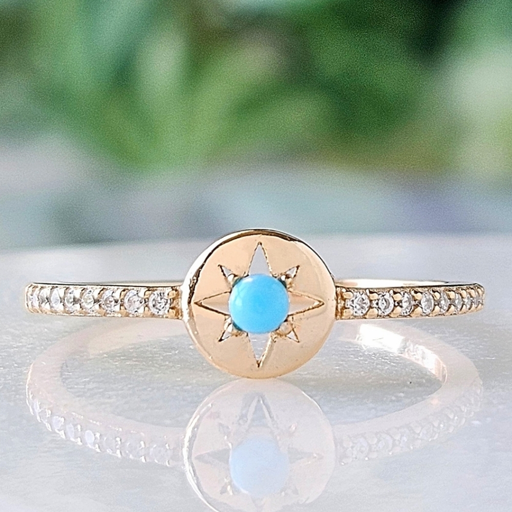 Dainty Gold ring, turquoise enamel stone. 925 Sterling Silver, 10k Gold